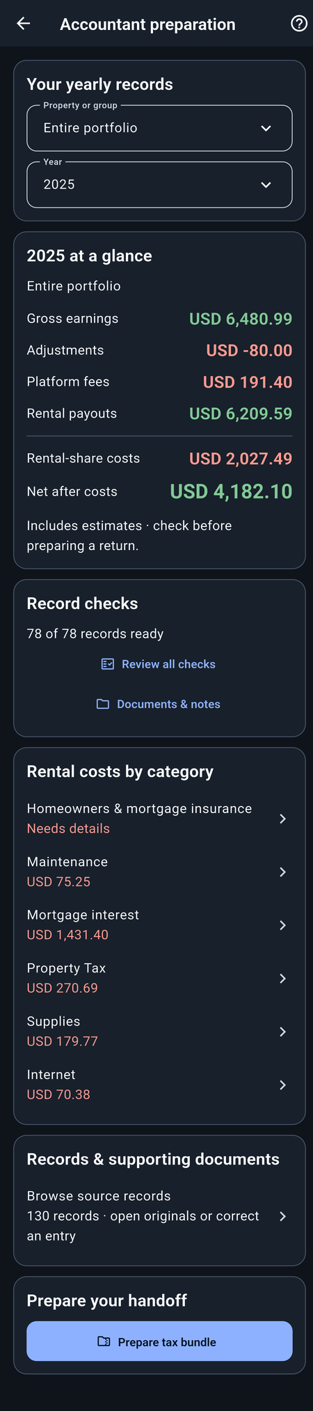 Complete 2025 Accountant preparation page: property and year selectors, annual totals, record checks, cost categories, supporting records, and Prepare tax bundle.