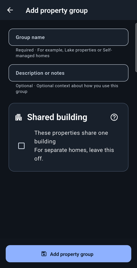 Blank Add property group screen with the shared-building option.