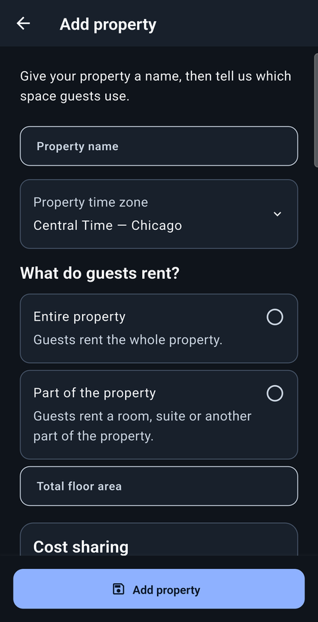 Blank Add property screen with entire-property and part-property rental choices.