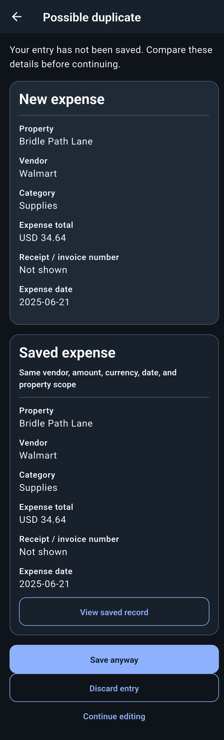 Full Possible duplicate page with an unsaved new expense, matching saved expense, View saved record, Save anyway, Discard entry, and Continue editing.