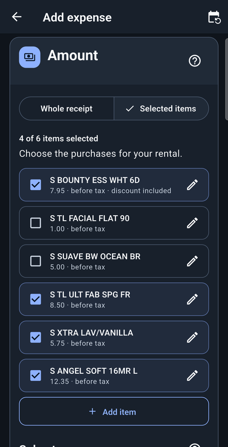 StayTally receipt breakdown with four rental purchases selected and two personal purchases unchecked.