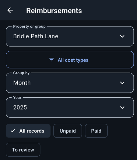 Reimbursement controls showing property, cost-type filters, grouping by month, year 2025, and payment-status filters.