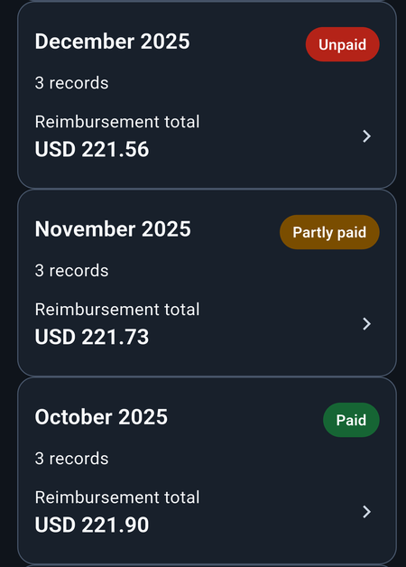Monthly reimbursements showing December 2025 as Unpaid, November as Partly paid, and October as Paid.