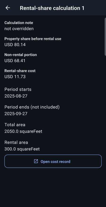Rental-share calculation showing rental and non-rental amounts, the period and floor areas.
