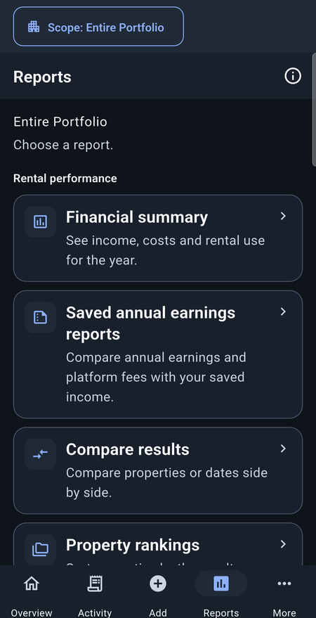 StayTally Reports page with financial summary, annual earnings reports and comparison choices.